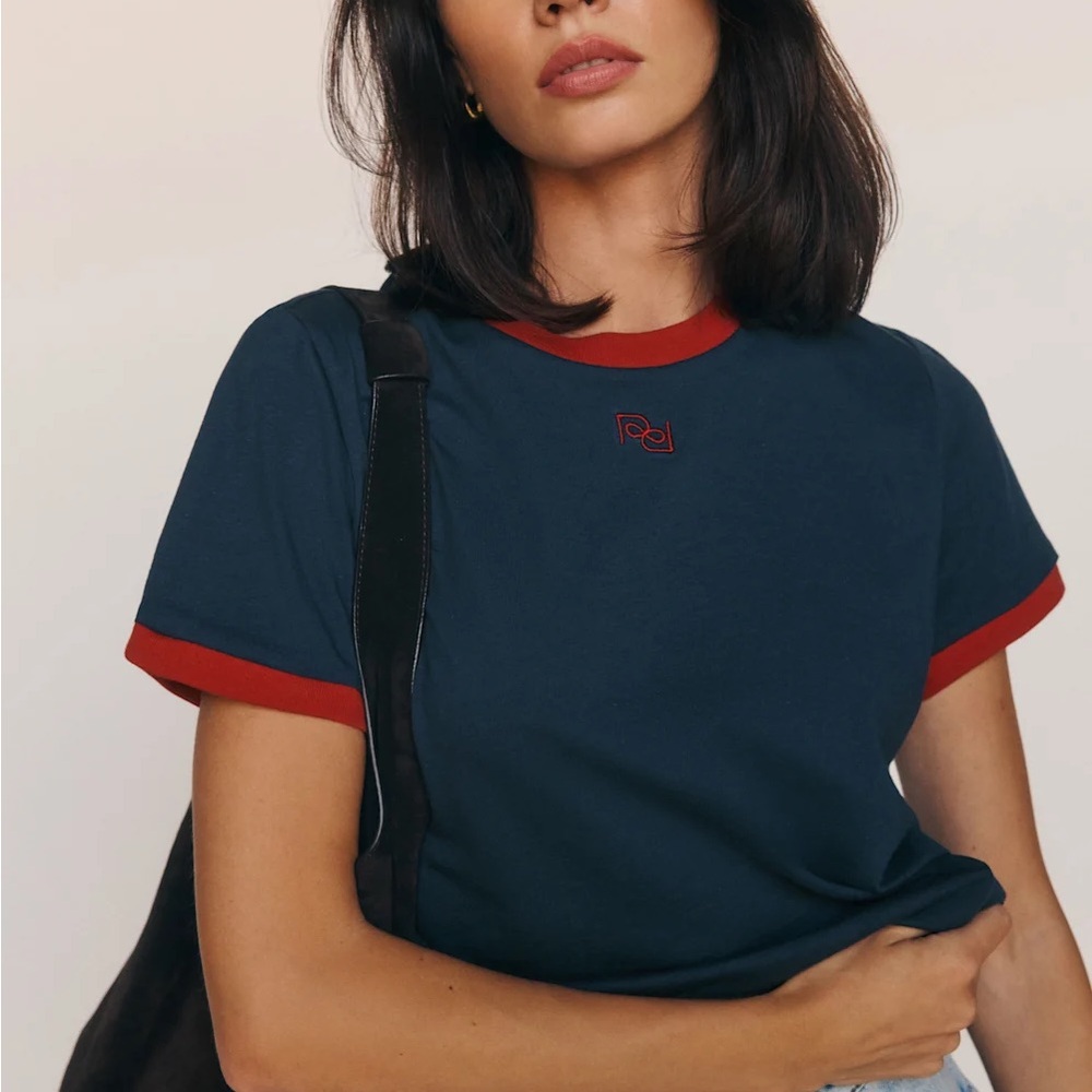 Reformation Classic Crew Ringer Tee Navy Red 100% Cotton Midnight Logo